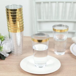 12-Pack Plastic Party Cups 17oz Clear with Gold Rim - Disposable Drinking Tumblers 5.5"